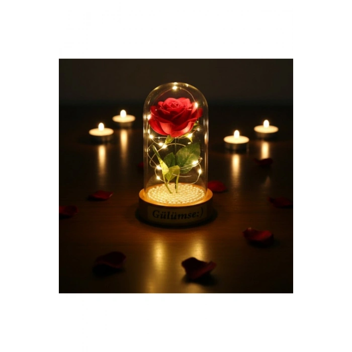 İncili Ledli Gül Fanus