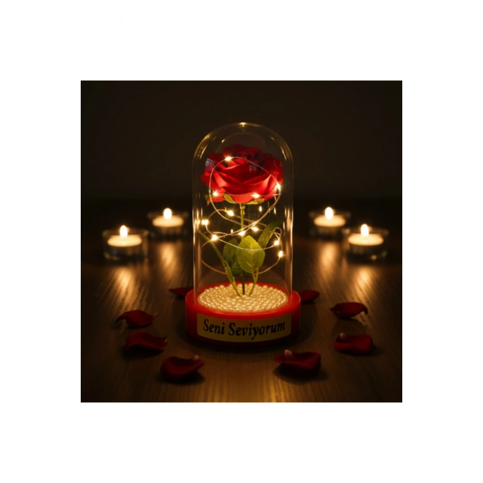 İncili Ledli Gül Fanus