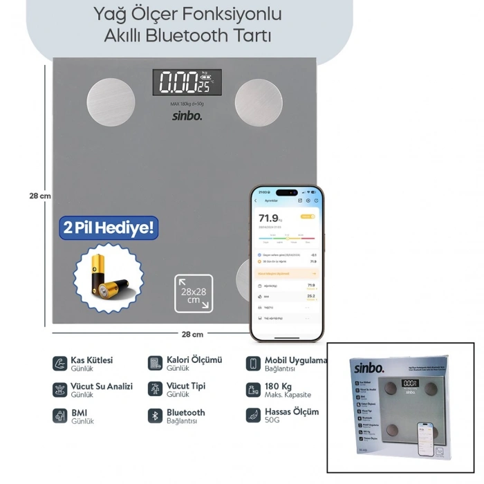 GRİ YAĞ ÖLÇER AKILLI BLUETOOTH CAM BASKÜL PİLLİ 180KG/50GR 28X28CM 8-KİŞİ HAFIZA LCD EKRAN ℃ GÖSTERGE SBS-4469 (5324)