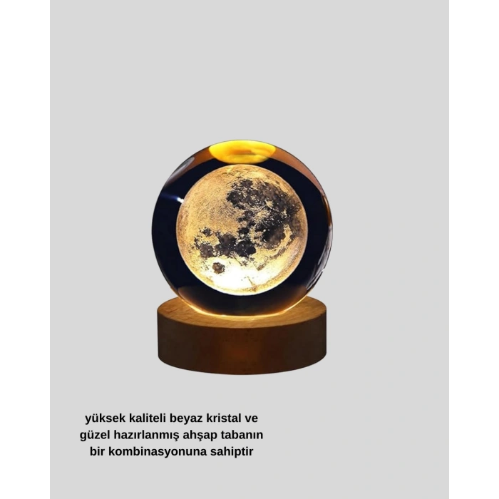 USB Işıklı Ay Kristal Küre 3D Oyma Tasarım Ahşap Standlı Gece Lambası