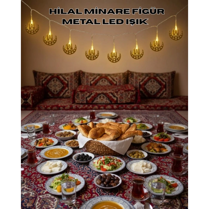 Pilli Minareli Hilal LED Işık Gold Metal Ramazan Dekorasyonu