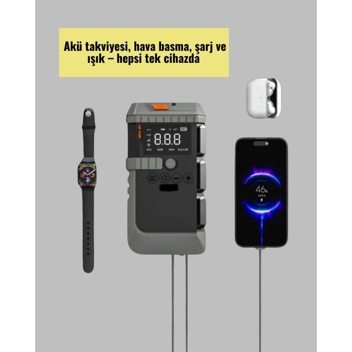 Taşınabilir Akü Takviye Cihazı Işıklı Hava Kompresörü Powerbank