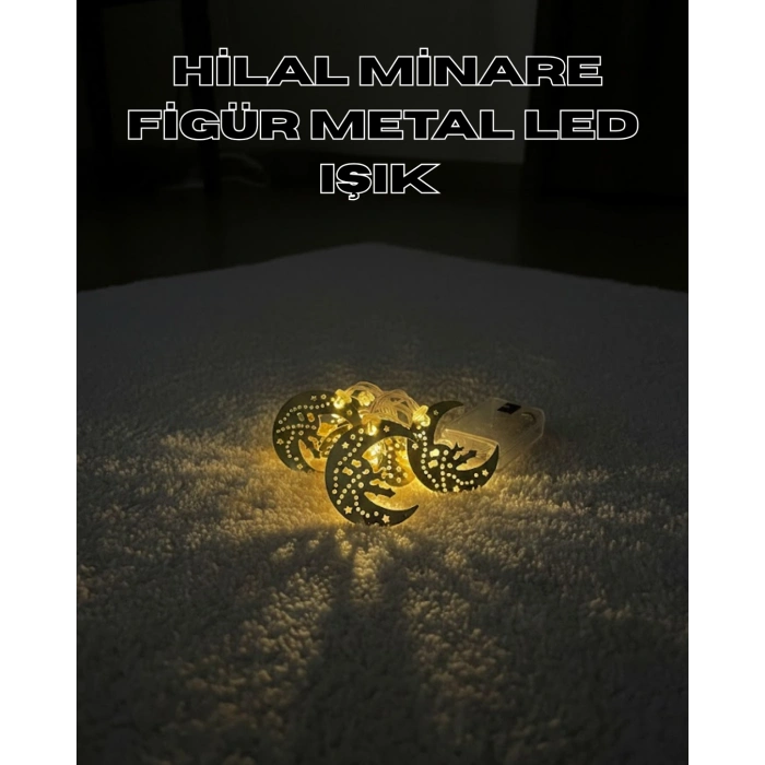 Gold Renk Metal Minareli Hilal LED Işık Pilli Ramazan Süsü