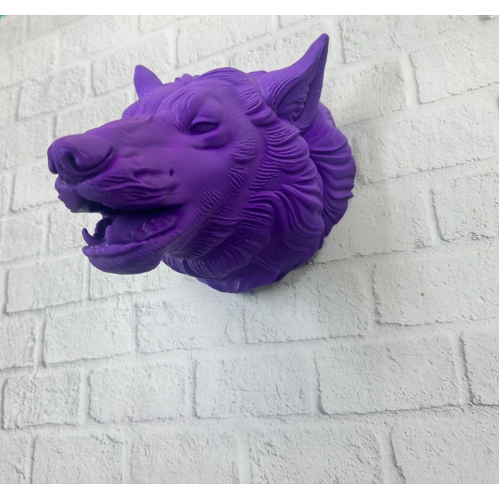Mor Renk 3D Kurt Başı Duvar Dekoru Asılabilir Maskot Heykel 25x19 cm