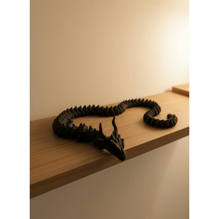 Hareketli Siyah Ejderha Figür Uzun Gövdeli Fantastik Masa ve Raf Dekoru