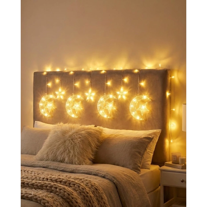 Ramazan İçin Hilal Yıldız Işık Zinciri Yanıp Sönen ve Sabit Modlu