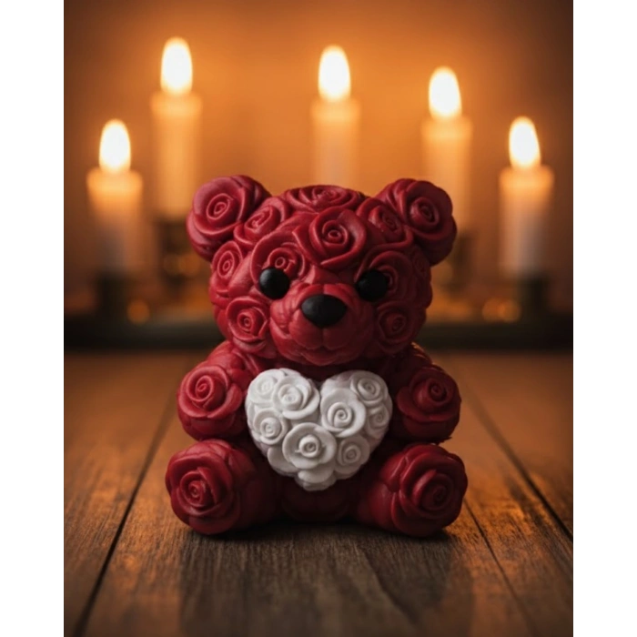 3D Kalp Ayıcık 10 cm Gül Detaylı Dekoratif Hediye Obje