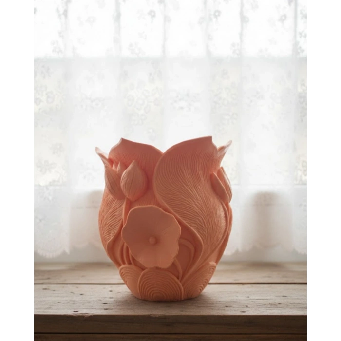 Turuncu Floral Tasarımlı 3D Vazo Şık Ev Dekorasyon Aksesuarı
