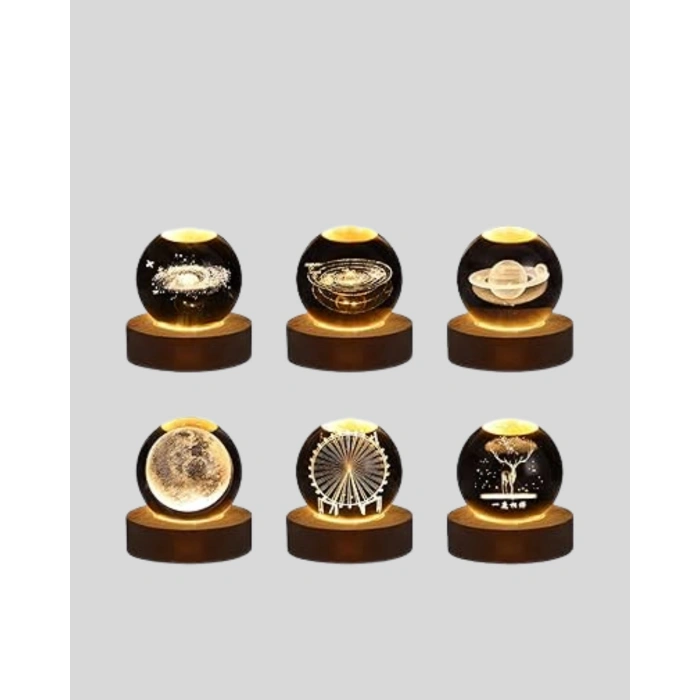 8 cm Ay Desenli Kristal Küre Sıcak LED Işıklı Ahşap Tabanlı Oda Lambası