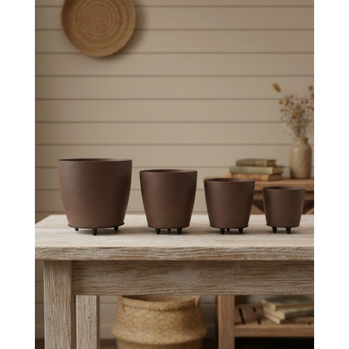 4’lü 3D Şık Kahverengi Vazo Seti Modern Ayaklı Saksı
