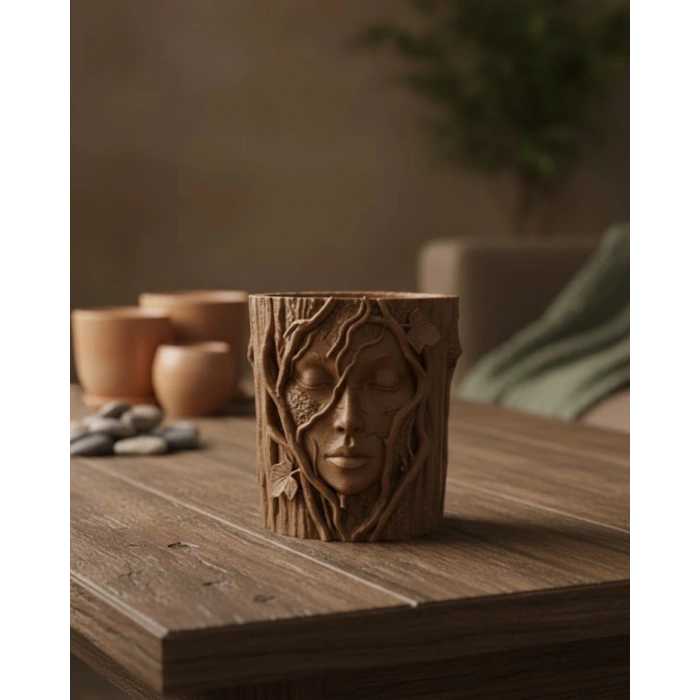 Doğa Temalı Yüz Detaylı Dekoratif Vazo 3D Ağaç Desenli Şık Saksı