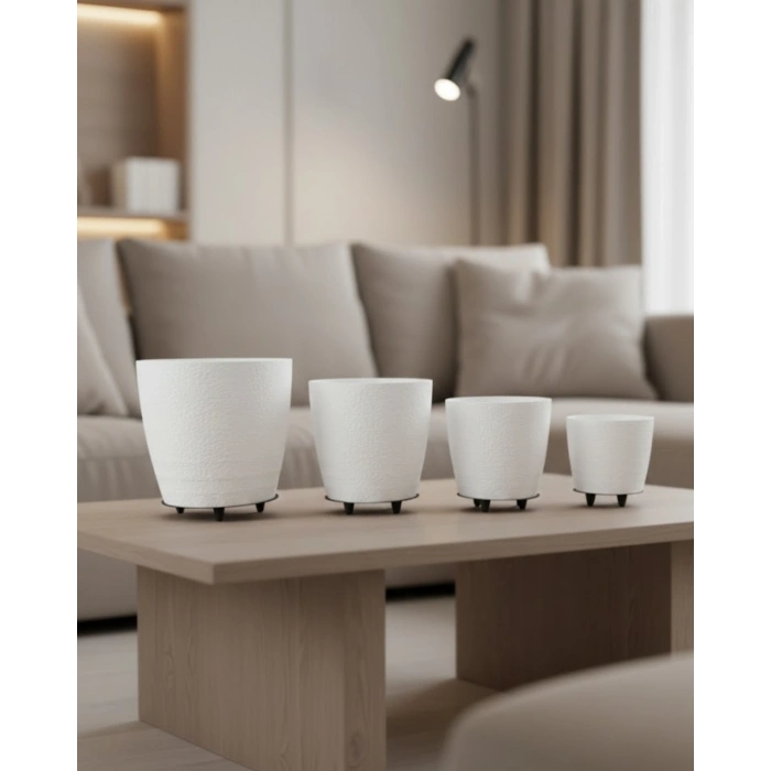 4’lü 3D Beyaz Ayaklı Saksı Seti Modern Minimal Dekoratif Vazo