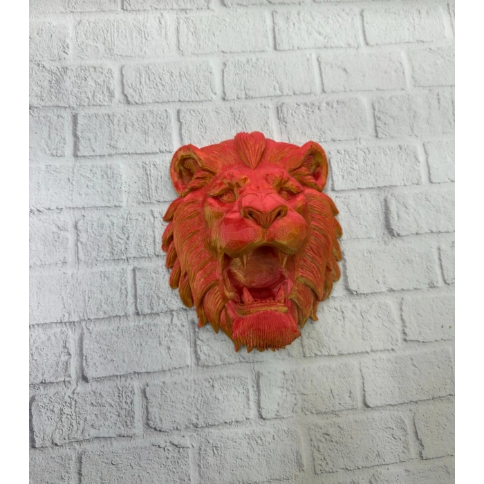 Dekoratif Asılabilir Aslan Başı 3D Duvar Heykeli Gold Red 20x21 cm
