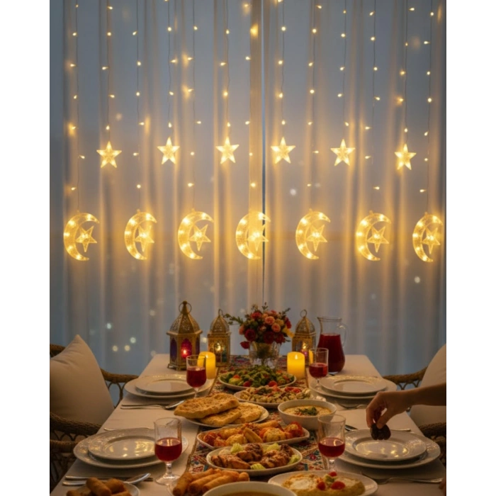Sıcak Beyaz Ay Yıldız Işık Zinciri Parti Düğün Ramazan Dekoru