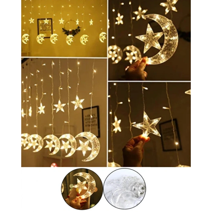 Dekoratif Ay Yıldız Perde Işığı Sıcak Beyaz Festival ve Ev Süsleme