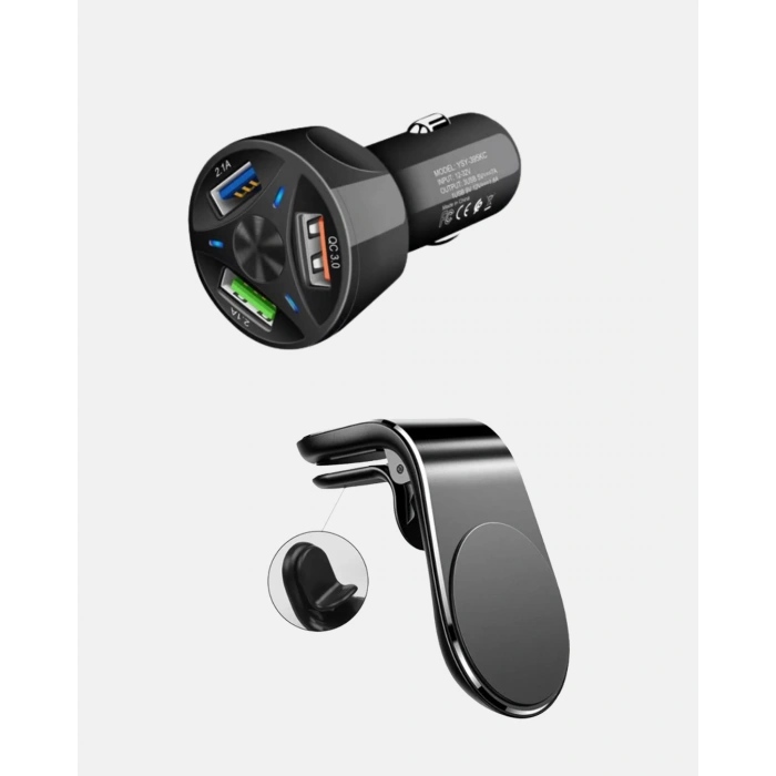Araç İçi Telefon Tutucu + Quick Charge 3.0 Araç Şarj Cihazı Seti