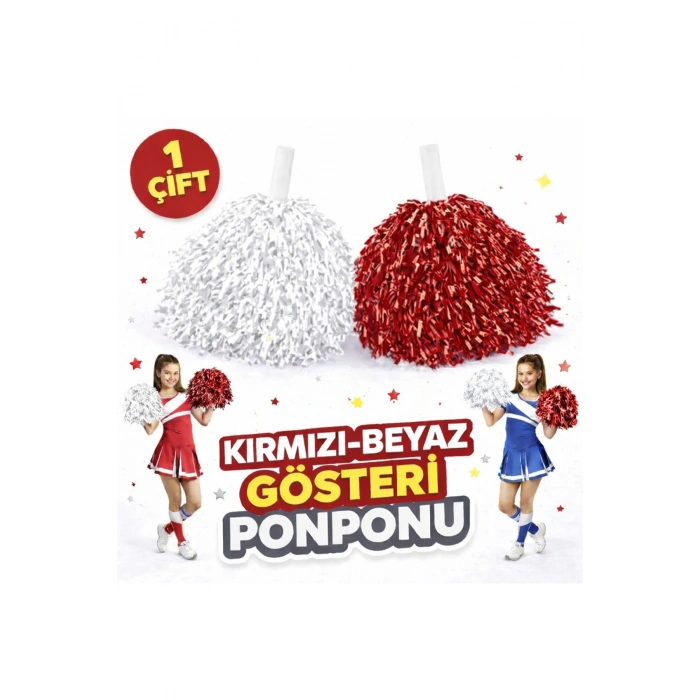 1 Çift ( 2 Adet ) Kırmızı-Beyaz Renk 23 Nisan 19 Mayıs 29 Ekim Okul Gösteri Ponponları Ekstra Dolgun