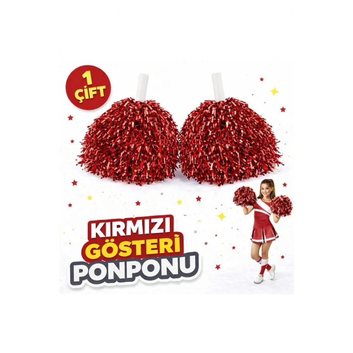1 Çift ( 2 Adet ) Kırmızı Renk 23 Nisan 19 Mayıs 29 Ekim Okul Gösteri Ponponları Ekstra Dolgun (5324