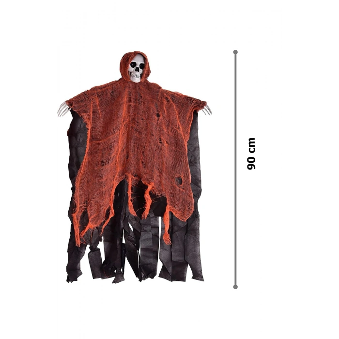 Led Işıklı Kahkaha Atan Sesli Sensörlü Ürpertici Kuru Kafa Korku Hayalet Saçaklı Dekor 90x50 cm (532