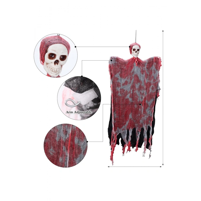 Led Işıklı Kahkaha Atan Sesli Sensörlü Ürpertici Kuru Kafa Kanlı Korku Hayalet Saçaklı Dekor 90x50 c