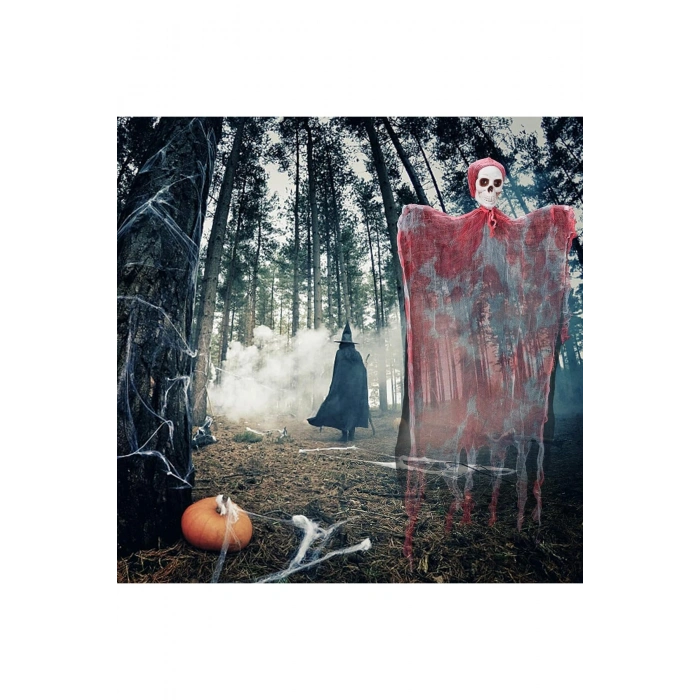 Led Işıklı Kahkaha Atan Sesli Sensörlü Ürpertici Kuru Kafa Kanlı Korku Hayalet Saçaklı Dekor 90x50 c