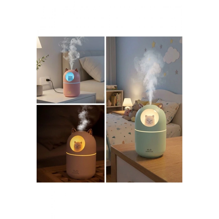 Kedicik Figürlü Hava Nemlendirici – Ultrasonik Soğuk Buhar Makinesi, LED Işıklı Masaüstü Oda Nemlend