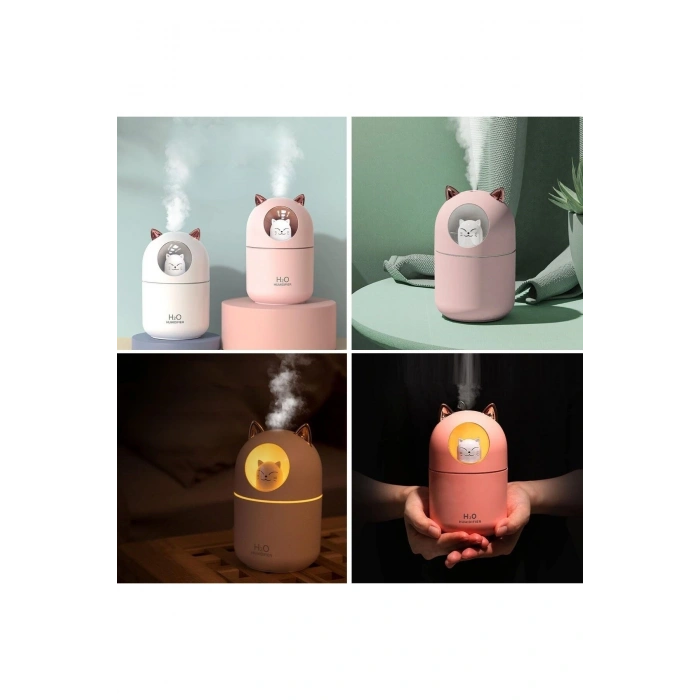 Kedicik Figürlü Hava Nemlendirici – Ultrasonik Soğuk Buhar Makinesi, LED Işıklı Masaüstü Oda Nemlend