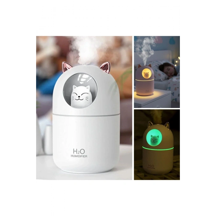 Kedicik Figürlü Hava Nemlendirici – Ultrasonik Soğuk Buhar Makinesi, LED Işıklı Masaüstü Oda Nemlend