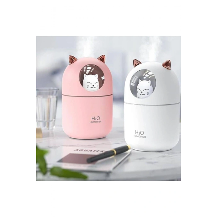Kedicik Figürlü Hava Nemlendirici – Ultrasonik Soğuk Buhar Makinesi, LED Işıklı Masaüstü Oda Nemlend