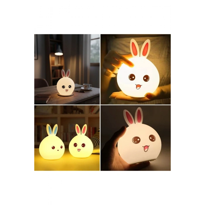 5 Farklı Renk Modlu Tavşan Figürlü Pofuduk LED Gece Lambası–Yumuşak Dokulu Çocuk Odası ve Dekoratif