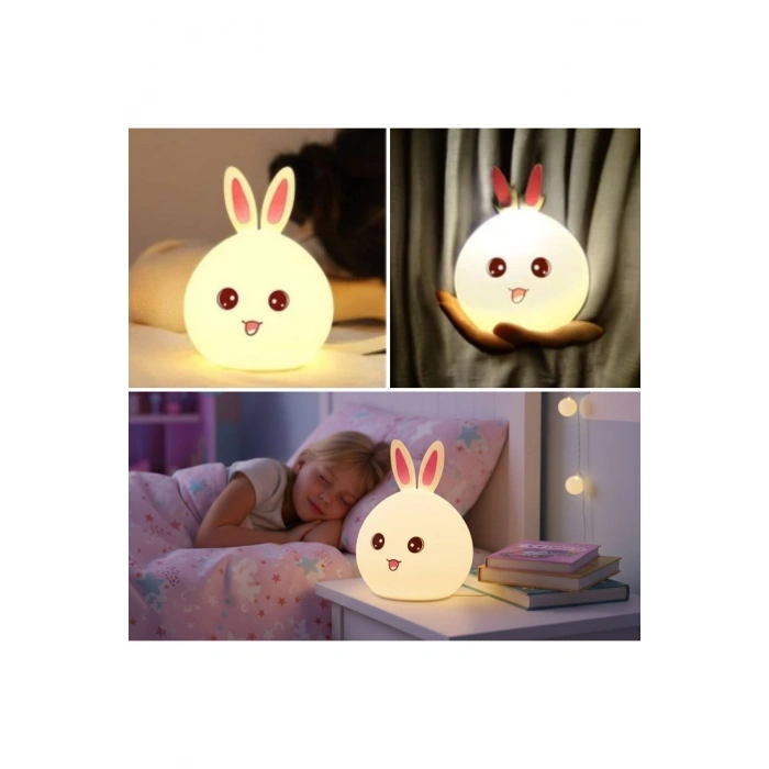 5 Farklı Renk Modlu Tavşan Figürlü Pofuduk LED Gece Lambası–Yumuşak Dokulu Çocuk Odası ve Dekoratif