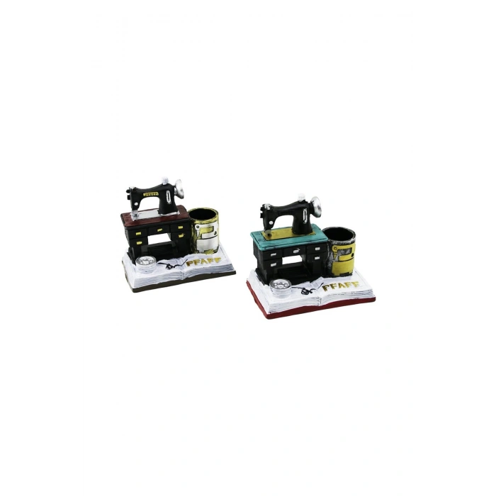 DİKİŞ MAKİNE VİNTAGE DEKORAT��F BİBLO - RENKLİ KALEMLİK 12X13.5X9CM REÇİNE (5324)
