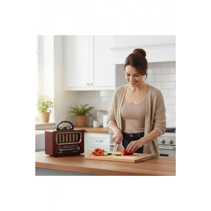 Orta Boy Retro Ahşap Tasarım Bluetooth Hoparlörlü Radyo – FM/AM Destekli, Şarjlı ve Taşınabiliri Rad