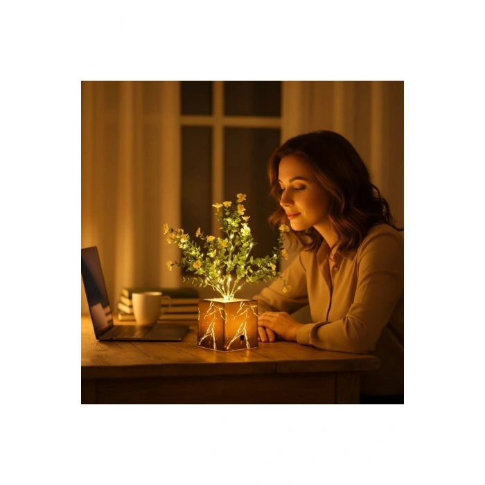 Işıklı Yapay Çiçek – Siyah Saksılı LED Dekoratif Bitki, Masaüstü ve Ev Ofis Aydınlatmalı Süs Bitkisi