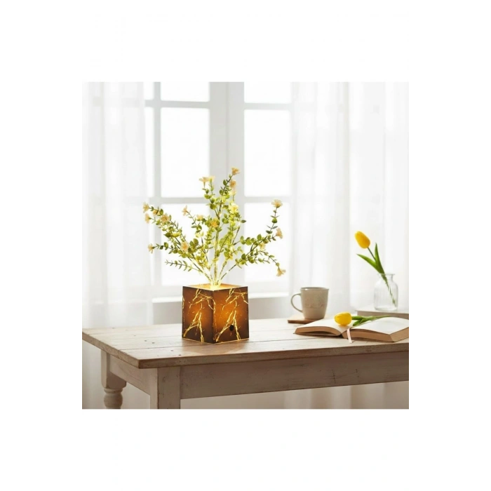 Işıklı Yapay Çiçek – Siyah Saksılı LED Dekoratif Bitki, Masaüstü ve Ev Ofis Aydınlatmalı Süs Bitkisi