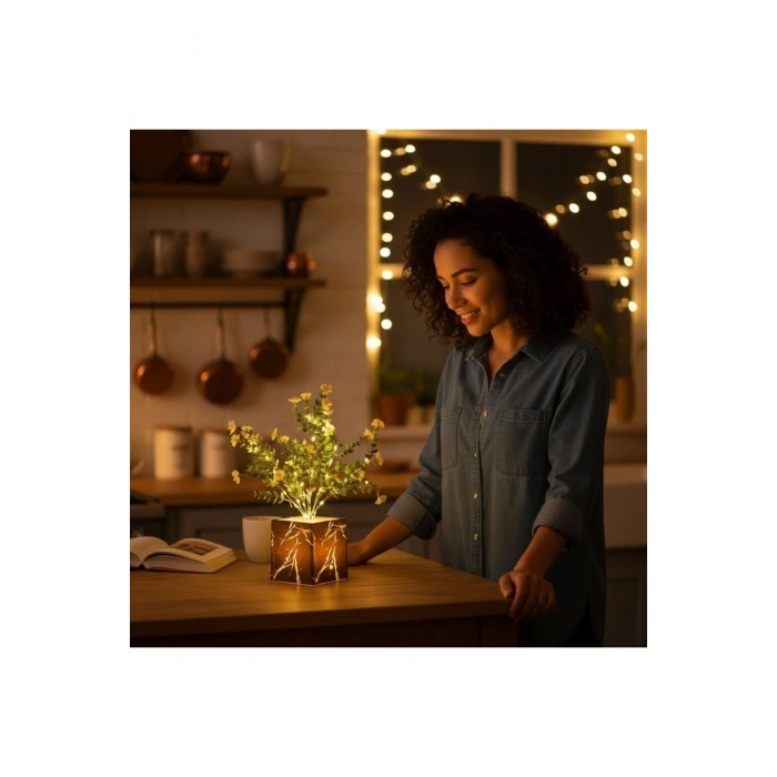 Işıklı Yapay Çiçek – Siyah Saksılı LED Dekoratif Bitki, Masaüstü ve Ev Ofis Aydınlatmalı Süs Bitkisi