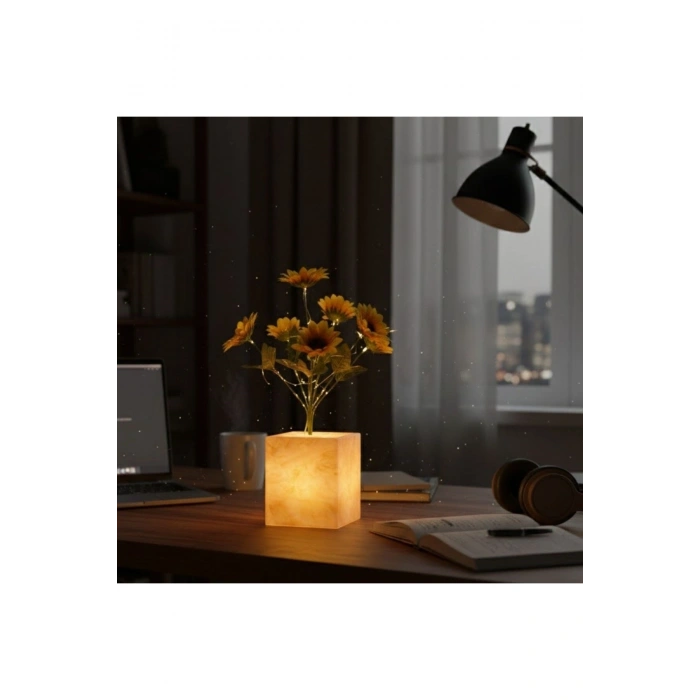 Işıklı Yapay Çiçek – Sarı Saksılı LED Dekoratif Bitki, Masaüstü ve Ev Ofis Aydınlatmalı Süs Bitkisi