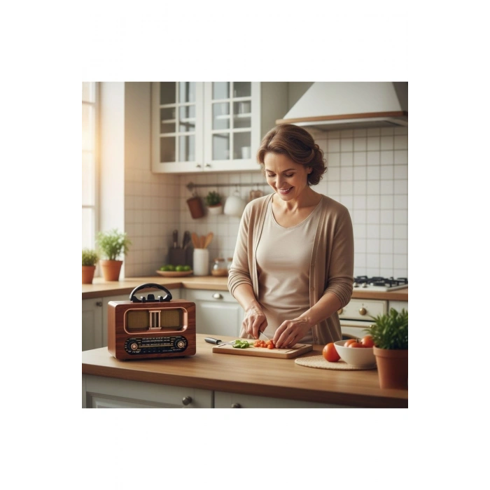 Büyük Boy Retro, Nostaljik, Ahşap Tasarım Bluetooth Hoparlörlü, Şarjlı, Taşınabilir FM/AM Destekli R