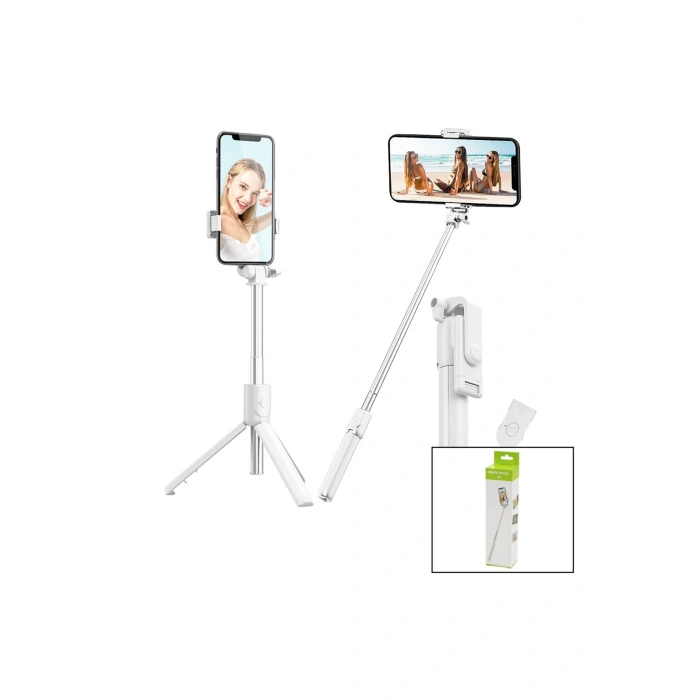 BEYAZ SELFİ ÇUBUK - TRİPOD AYAKLI 57CM UZAYAN-KISALAN SAPLI + 10CM =67CM (5324)