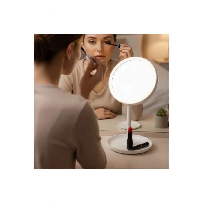 LED Işıklı Yuvarlak Makyaj Aynası – Dokunmatik Ayarlanabilir Işık Tonlu, 360 Derece Döner Masaüstü P