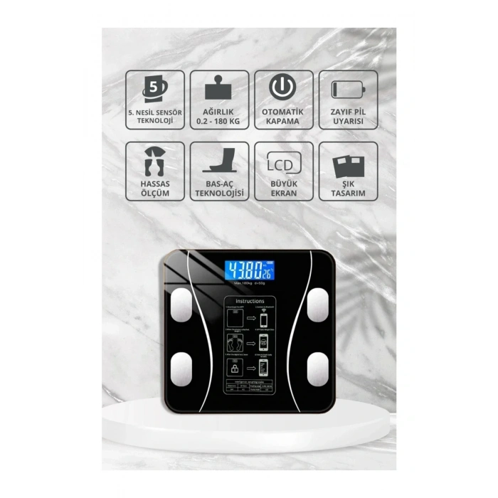 Yağ Ölçer Fonksiyonlu Dijital Baskül Elektronik Tartı Akıllı Bluetooth Lcd Dijital Ekran Ev Vücut (5