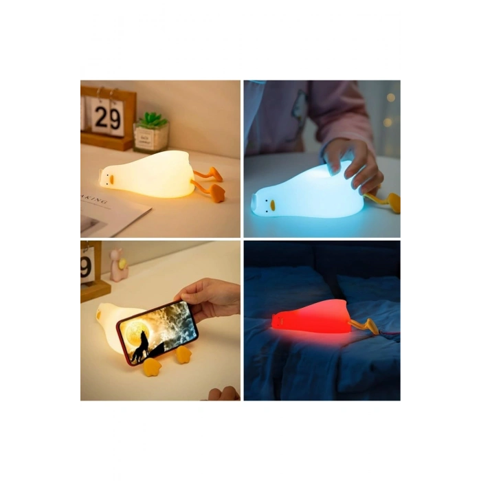 5 Farklı Renk Modlu Tembel Ördek Figürlü Pofuduk LED Gece Lambası–Yumuşak Dokulu Çocuk Odası ve Deko