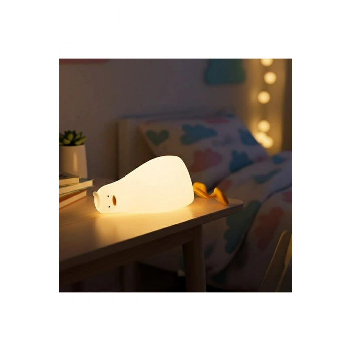 5 Farklı Renk Modlu Tembel Ördek Figürlü Pofuduk LED Gece Lambası–Yumuşak Dokulu Çocuk Odası ve Deko