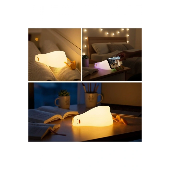 5 Farklı Renk Modlu Tembel Ördek Figürlü Pofuduk LED Gece Lambası–Yumuşak Dokulu Çocuk Odası ve Deko