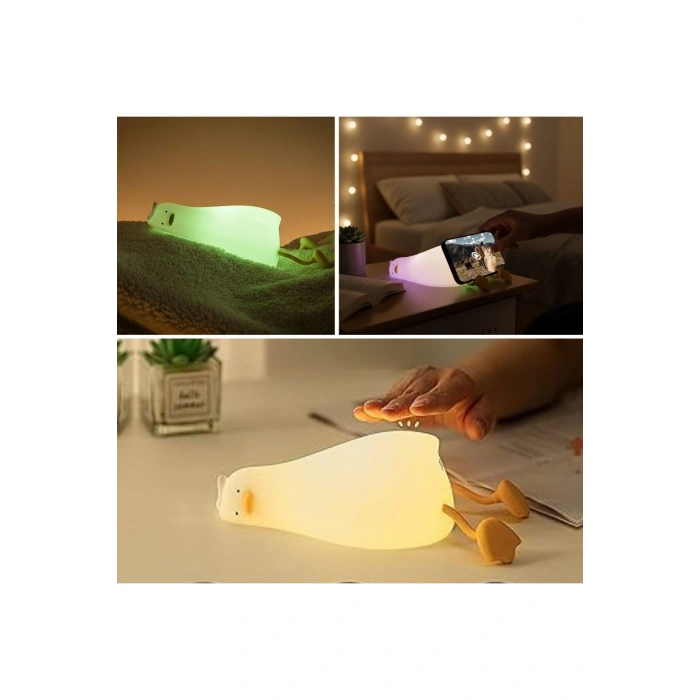 5 Farklı Renk Modlu Tembel Ördek Figürlü Pofuduk LED Gece Lambası–Yumuşak Dokulu Çocuk Odası ve Deko