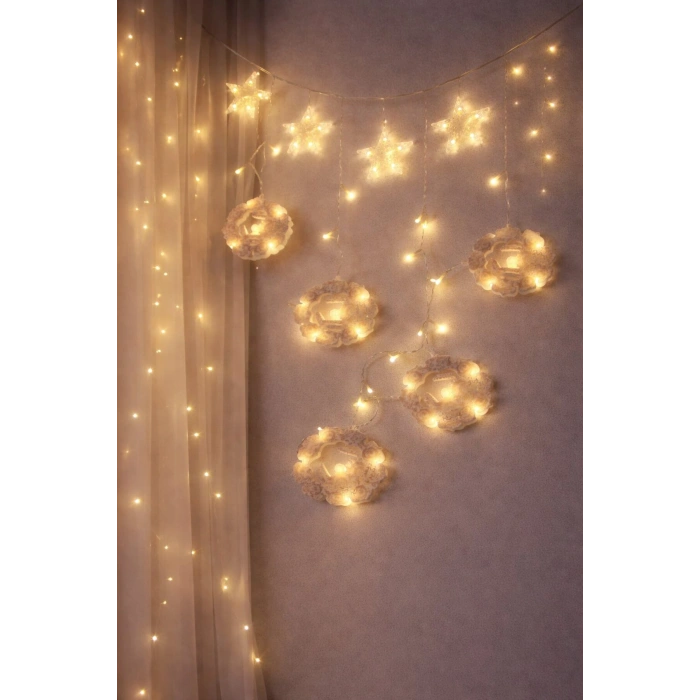 3MT FİŞLİ - EKLEMELİ RAMAZAN DEKOR LAMBA - PERDE LED SARI BEYAZ YUVARLAK CAMİ - YILDIZ EKL-09-04 (53