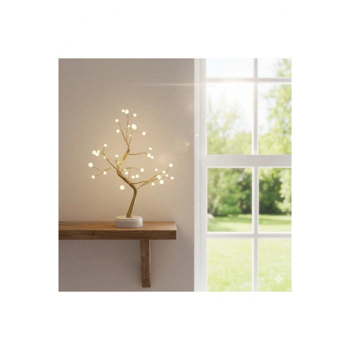 Masaüstü Boncuklu Şarjlı Ağaç Lamba – 3 Kademeli Dokunmatik Işık, Dekoratif LED Masaüstü Ortam Aydın
