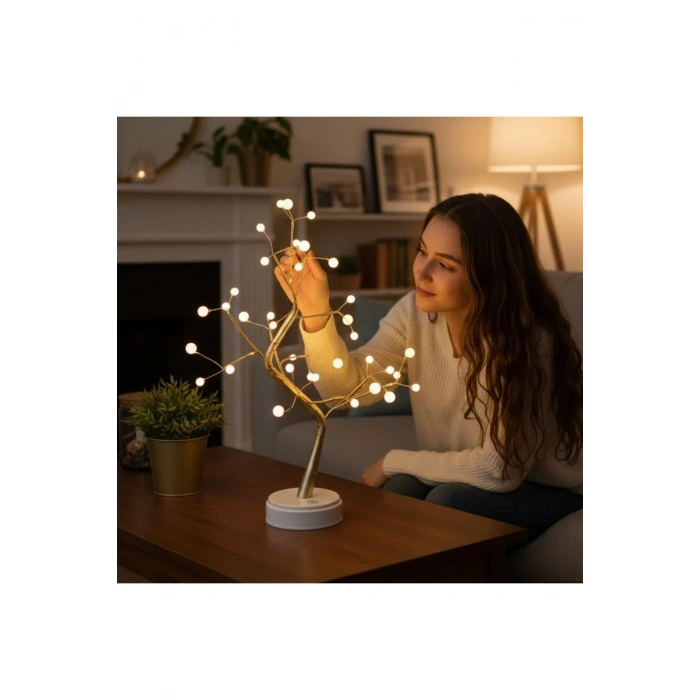Masaüstü Boncuklu Şarjlı Ağaç Lamba – 3 Kademeli Dokunmatik Işık, Dekoratif LED Masaüstü Ortam Aydın