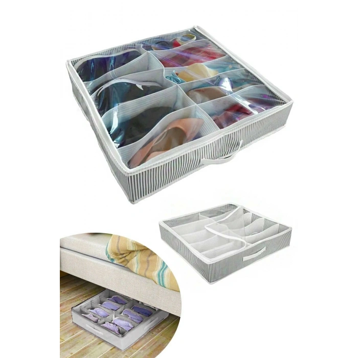 Ayakkabı Saklama Çantası 10 Bölmeli Shoes Under Ayakkabı Hurcu - Siyah Beyaz (5324)
