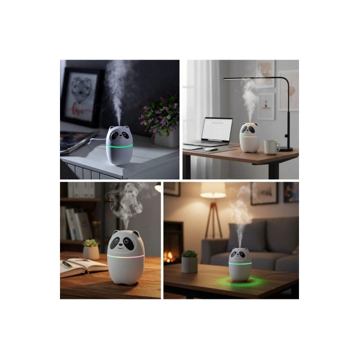 Sevimli Panda Figürlü Hava Nemlendirici – Ultrasonik Soğuk Buhar Makinesi, LED Işıklı Masaüstü Oda N